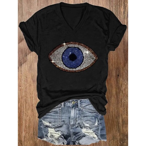 Women's T-Shirt 2D Print Evil Eye No Reinstones Short Sleeve Medium Size - Picture 4 of 13